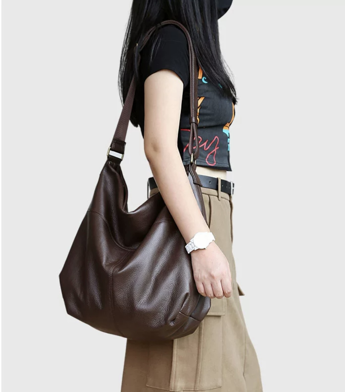 秋季新品 简约大气时尚牛皮女包软皮单肩包斜挎包大包大容量9005