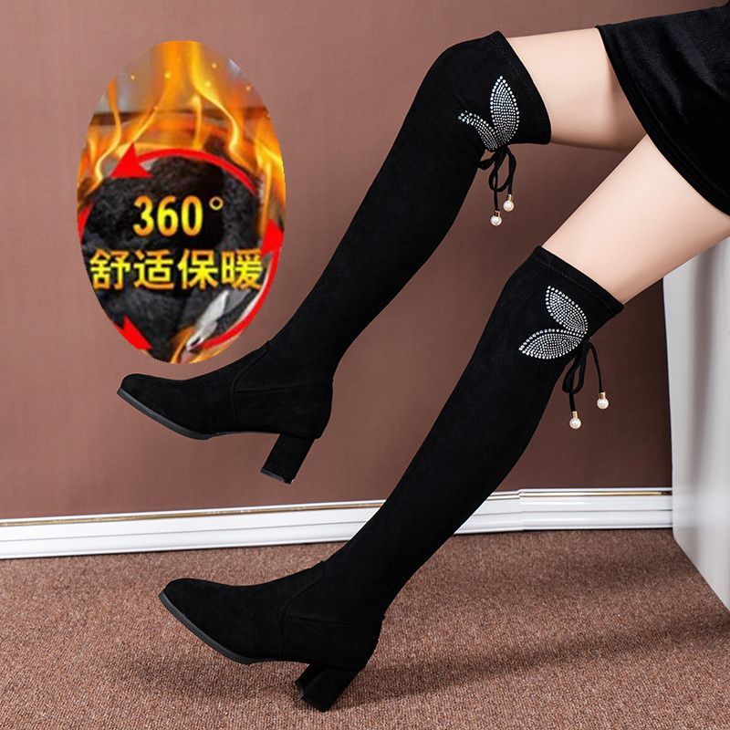 红蜻蜓牌棉靴女秋冬季新款加绒粗跟弹力靴女显瘦过膝靴黑色长筒靴