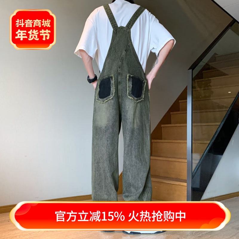 森馬集团GSON美式复古牛仔背带裤男女2023高腰阔腿直筒裤减龄工装