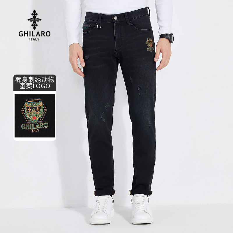 GHILARO/古劳吉那诺休闲百搭刺绣LOGO五袋款修身牛仔裤男 6006-70