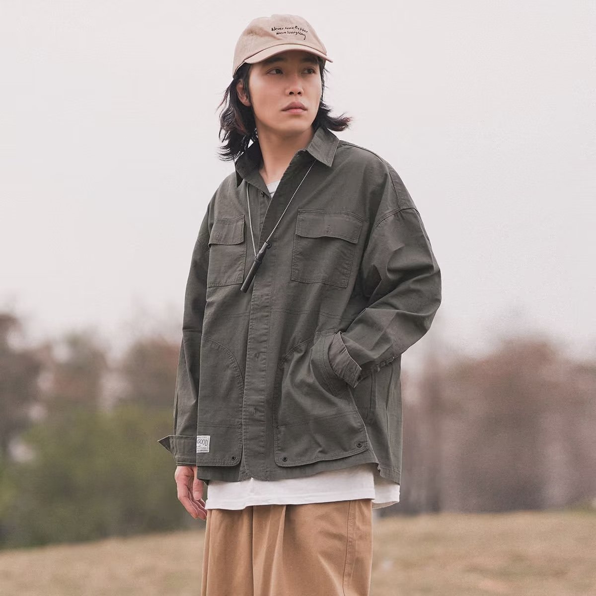 翻领日系cityboy宽松bf中性风长袖衬衫春秋季男休闲百搭口袋衬衣