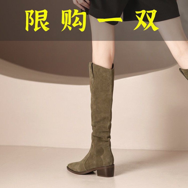 红蜻蜓牌网红超火爆款V口西部靴女粗跟长靴2023春秋新款绒面长