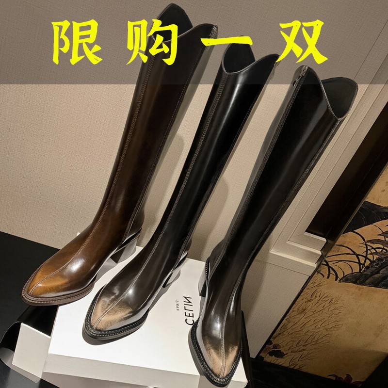 红蜻蜓牌复古棕色洋气女长靴高跟骑士靴手工真皮高筒靴V口瘦瘦