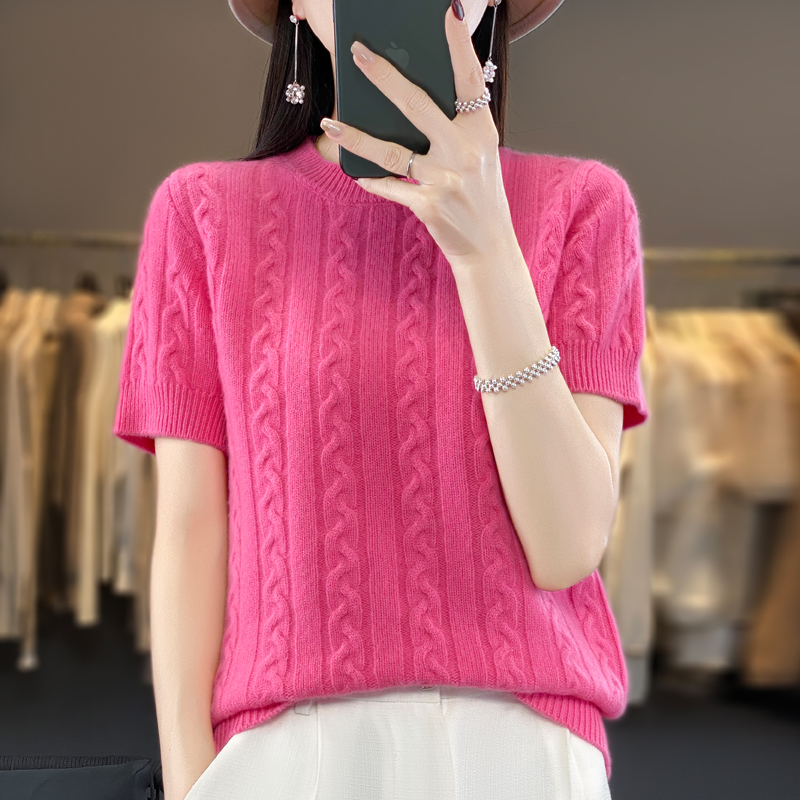 2023秋季新款100%澳洲全羊毛衫女绞花圆领半袖针织衫显瘦气质百搭
