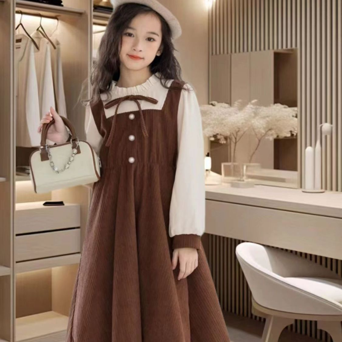 女童冬季裙子加绒连衣裙2023秋冬甜美学生装公主裙大童裙子