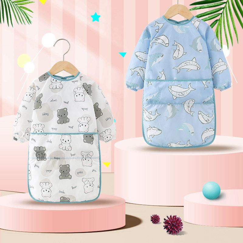 宝宝罩衣加长款过膝儿童围裙防水防脏反穿衣长袖饭兜女孩婴儿护衣