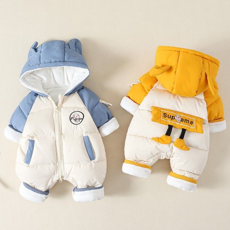 冬季婴儿连体衣加厚儿童洋气外出抱衣可爱超萌新生儿爬服加绒套装