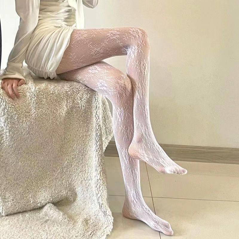 百搭黑白丝镂空蕾丝性感玫瑰花花藤连裤袜成人丝袜美腿设计感褶皱