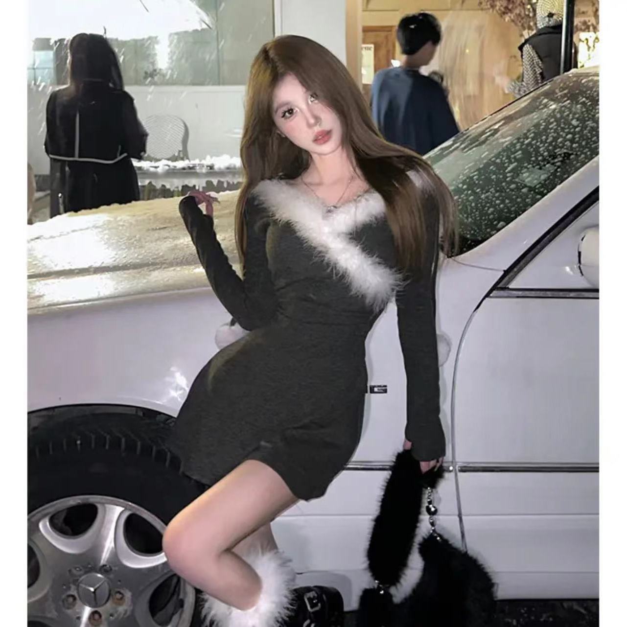 长袖连帽短裙美拉德韩版潮嗲精日常秋冬气质纯欲拼接毛毛连衣裙