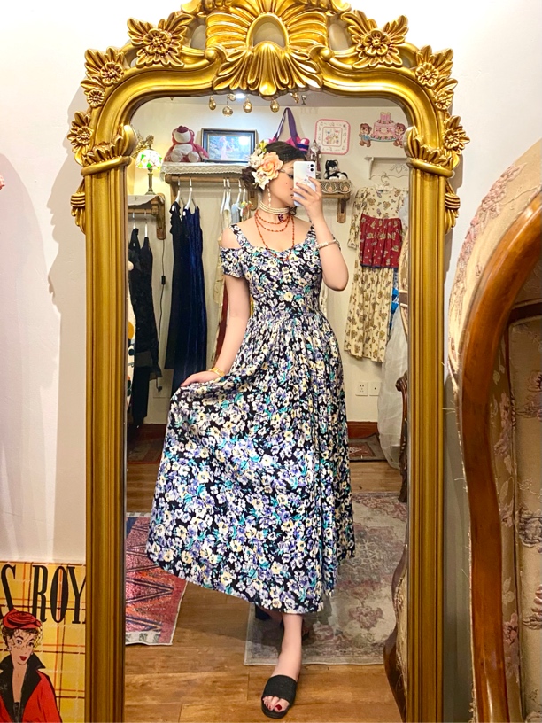 vintage Laura Ashley一字肩花柄裙