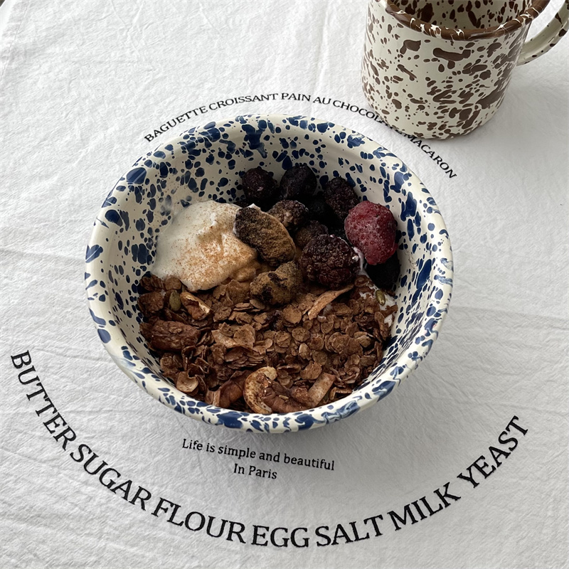 海军蓝网红ins风搪瓷酸奶燕麦片好看的早餐碗韩式餐具盘子咖啡杯