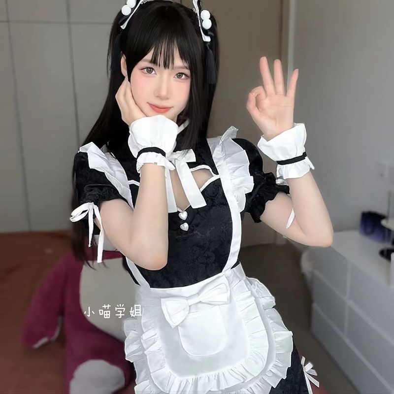 新款赵小喵国风女仆旗袍lolita改良短款美少女包臀连衣裙黑白