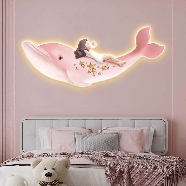 鲸鱼轻奢儿童房装饰画发光男孩女孩床头挂画北欧卧室led带灯壁画