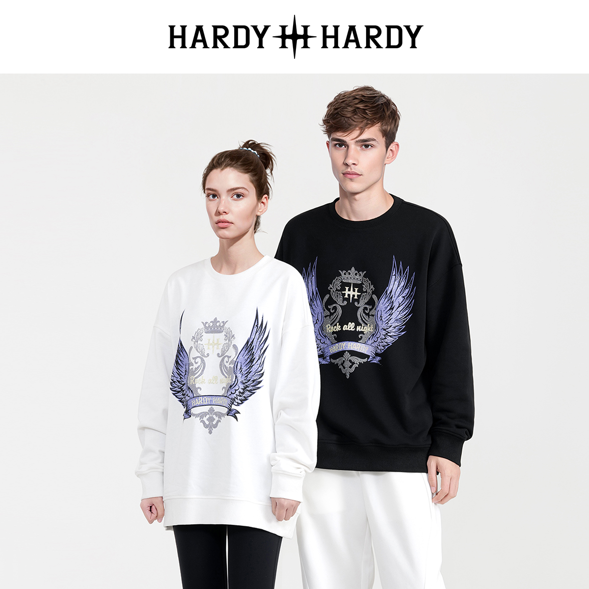 HARDYHARDY美式休闲时尚圆领烫钻皇冠字母翅膀卫衣男女同款上衣