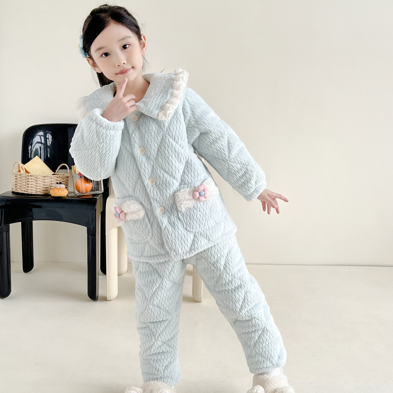 冬款儿童绒睡衣中大童睡衣长袖女孩加绒加厚保暖甜美家居服套装
