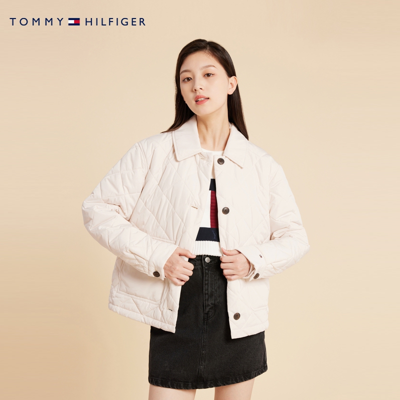 Tommy秋冬女装休闲菱形格纽扣翻领宽松保暖短款棉服夹克外套39252