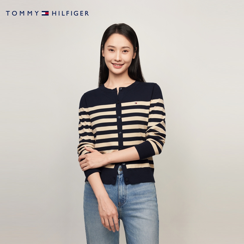 Tommy25秋冬女装优雅通勤休闲纯色条纹纽扣圆领针织开衫外套42370
