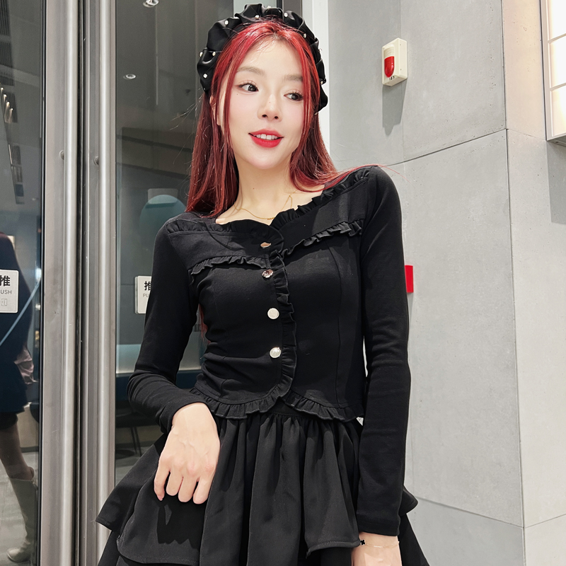 减龄款拼接收腰高腰长袖T恤秋冬弹力显瘦气质修身紧身短款上衣ins