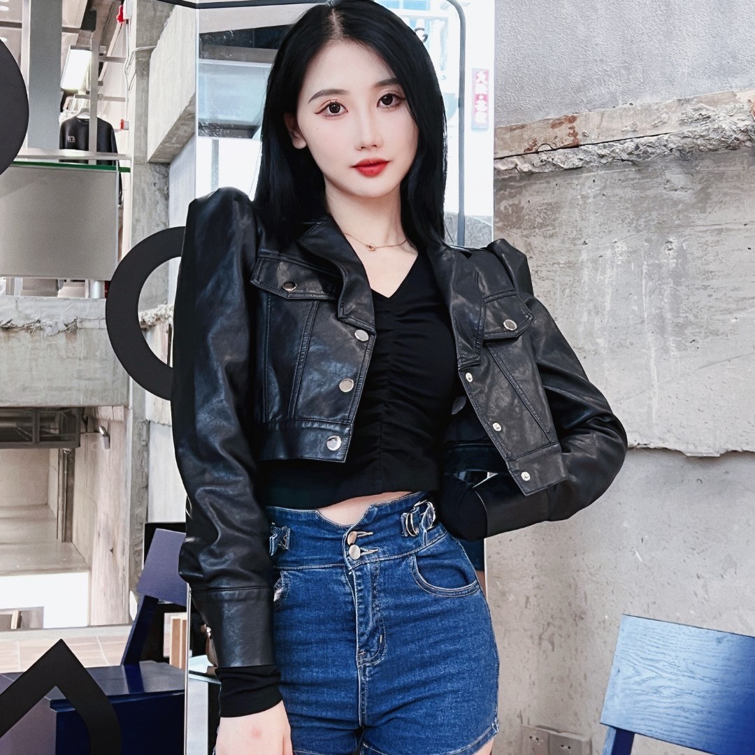 双口袋蝴蝶结机车皮外套秋冬潮款街头时尚修身短款小百搭皮夹克女