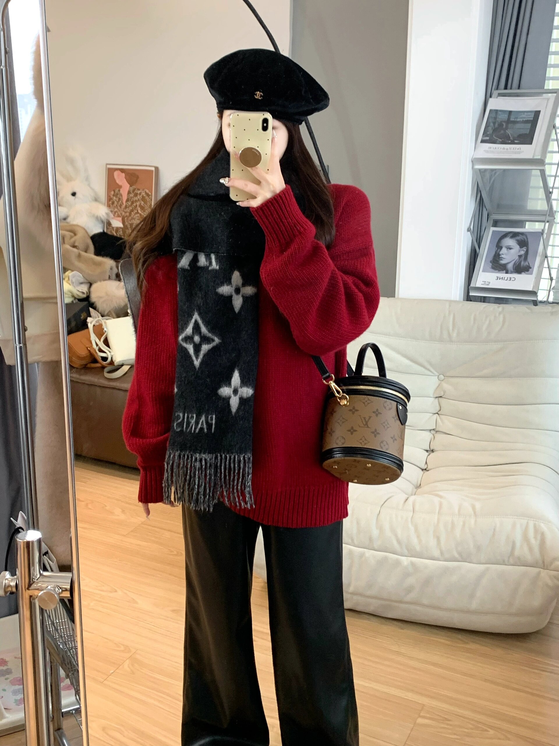 2023网红节日氛围感圆领红色毛衣慵懒风针织衫上衣显瘦休闲皮裤