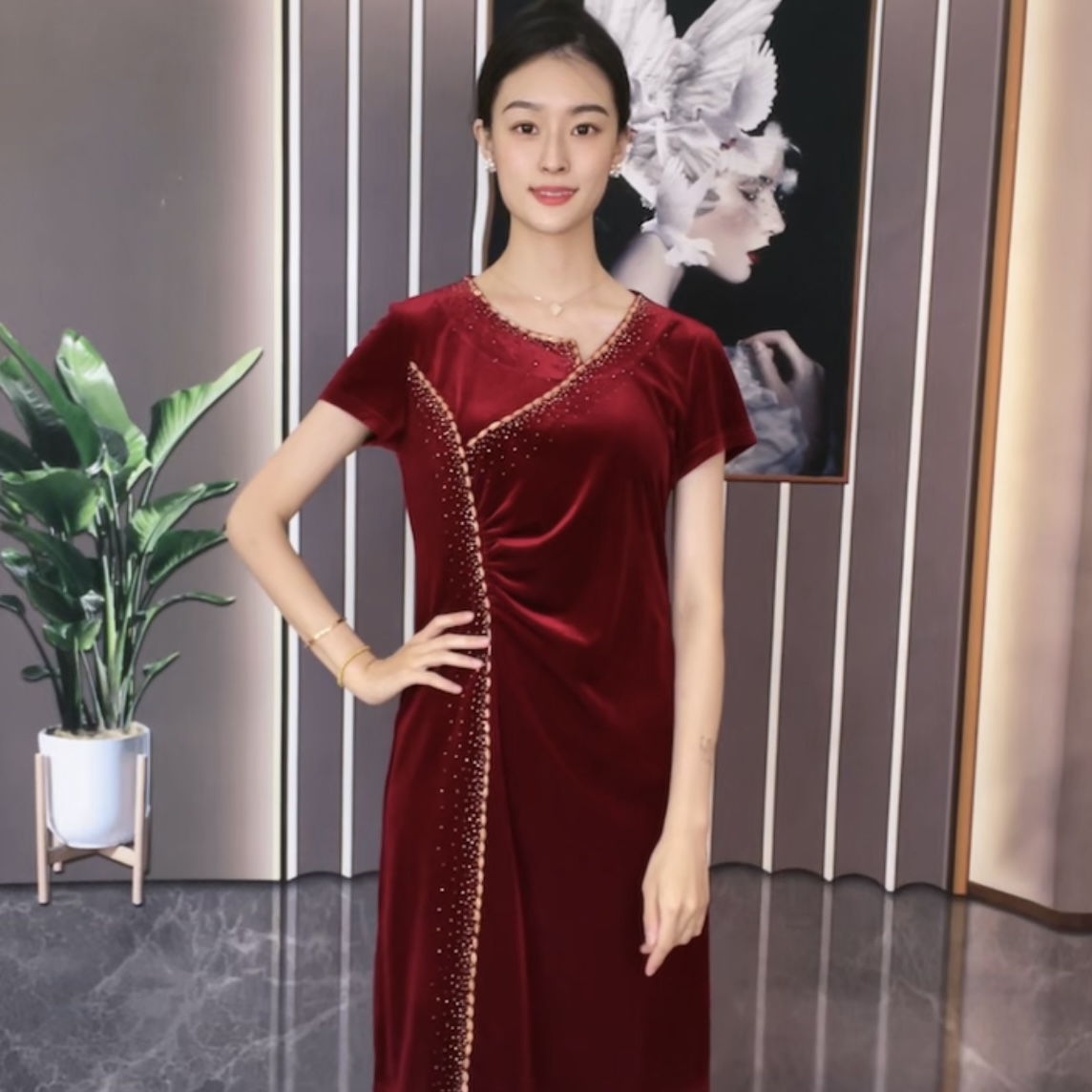 87267高端进口金丝绒直筒裙婚宴喜妈妈显瘦洋气尚气质