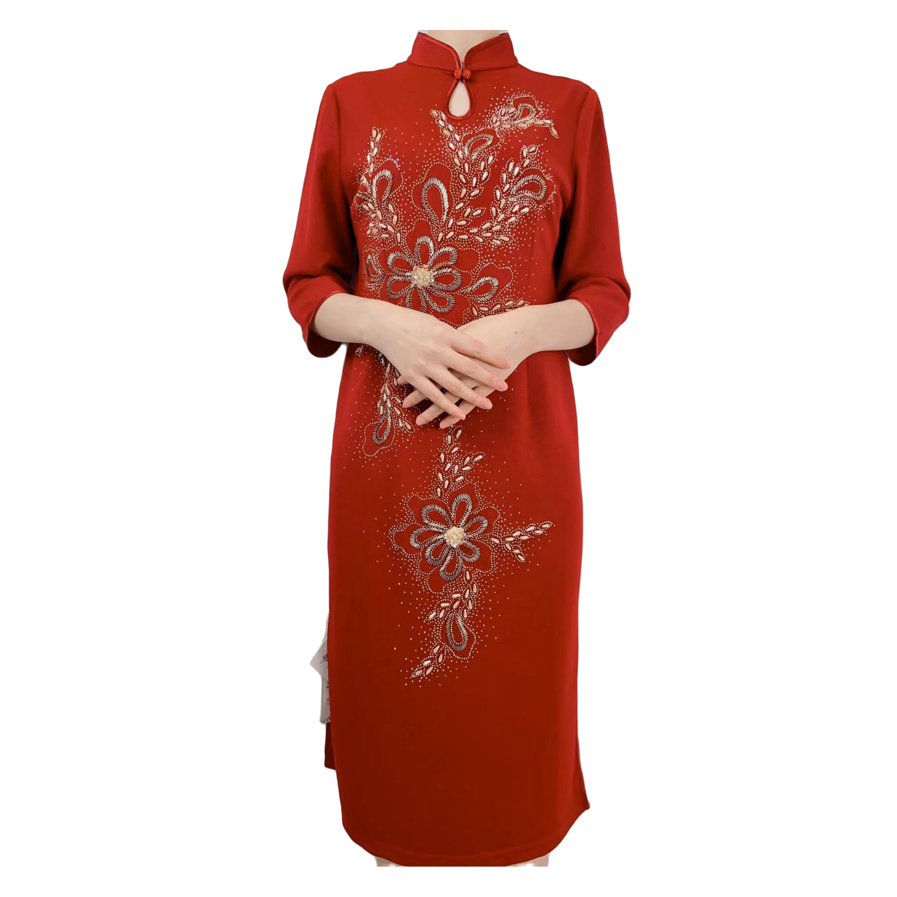 秋季喜妈妈珍珠丝牛奶丝修身显瘦气质高档长款旗袍红色183款