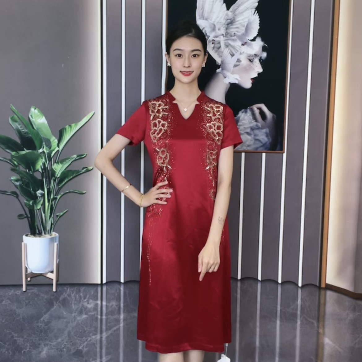 87520进口醋酸缎婚宴喜妈妈高端礼服裙显瘦时尚气质