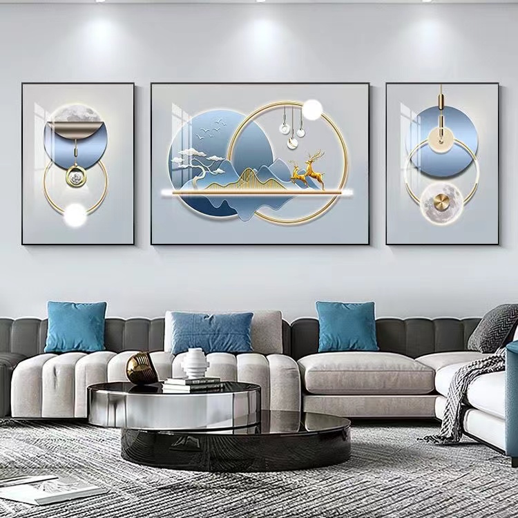 沙发背景三联画新中式现代简约时尚轻奢背景墙高档晶瓷镶钻装饰画