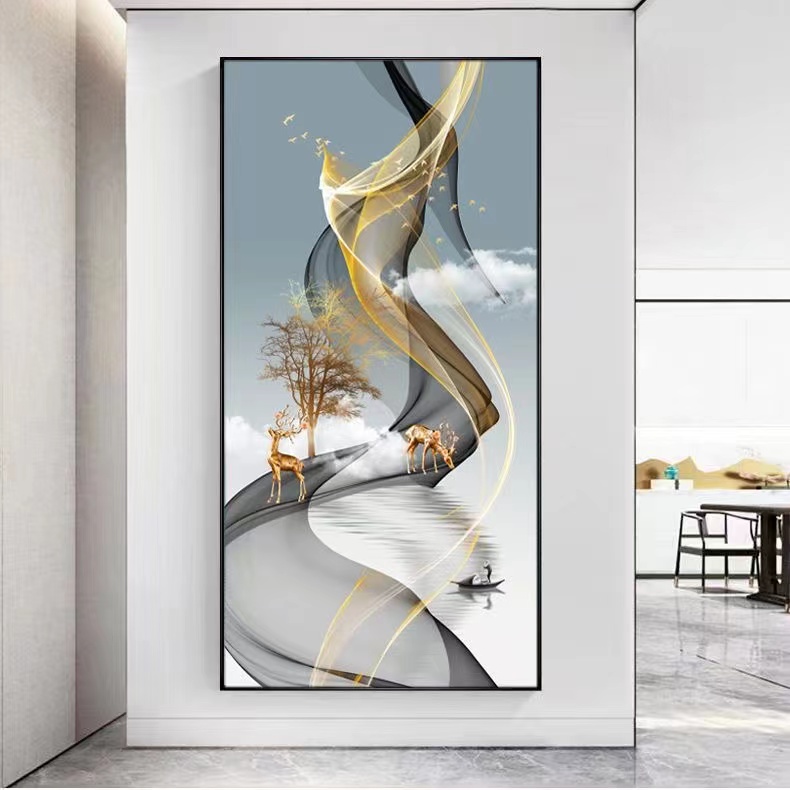 新中式带灯装饰画立体抽象轻奢高档镶钻晶瓷玄关画入户门装饰画