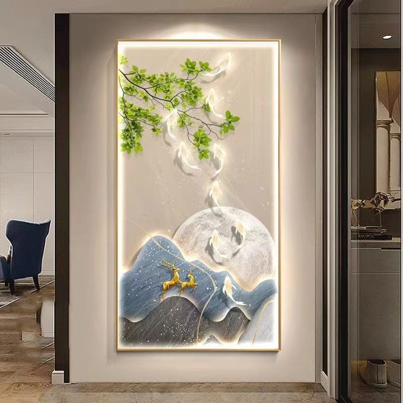 新款中式入户玄关九鱼时尚立体高档过道走廊楼梯镶钻晶瓷灯光挂画