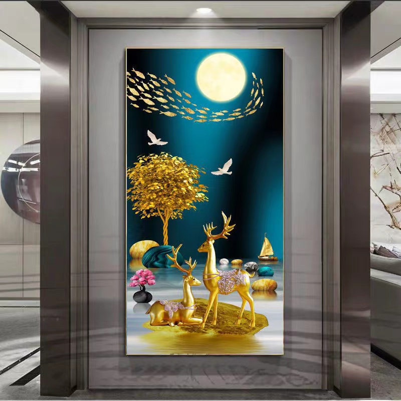 新中式进门玄关装饰画鹿现代轻奢时尚高档镶钻晶瓷画入户门装饰画