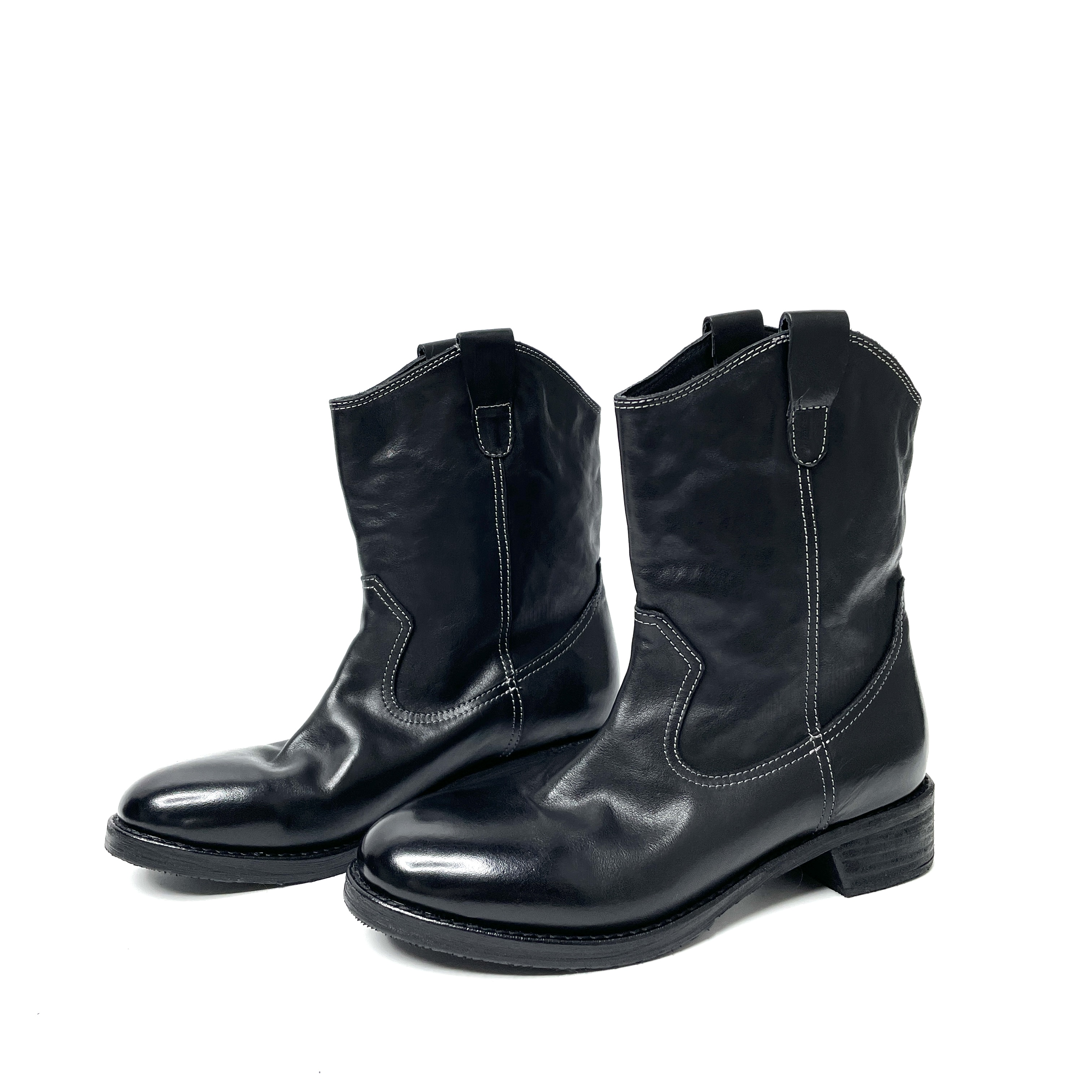 秋冬季新款手工做旧圆头水洗马皮V口复古西部牛仔靴百搭粗跟短靴