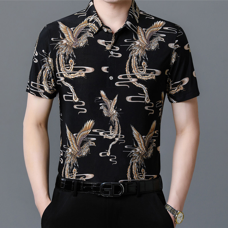 男士短袖polo冰丝印花翻领中年薄款宽松半袖商务免烫黑色衬衣碎花