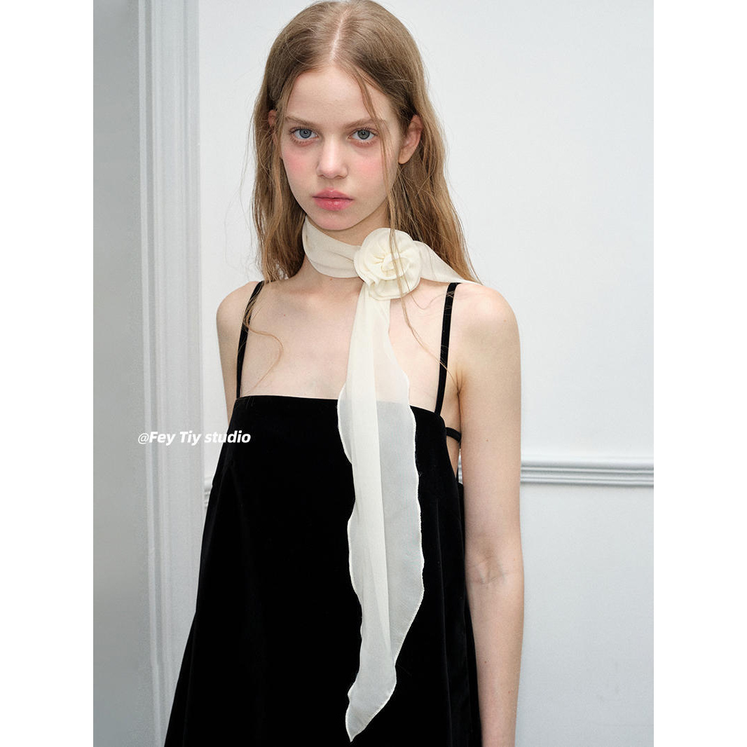 feytiy 纯欲风纯色玫瑰花丝巾 发带辣妹少女春夏新款百搭装饰领巾