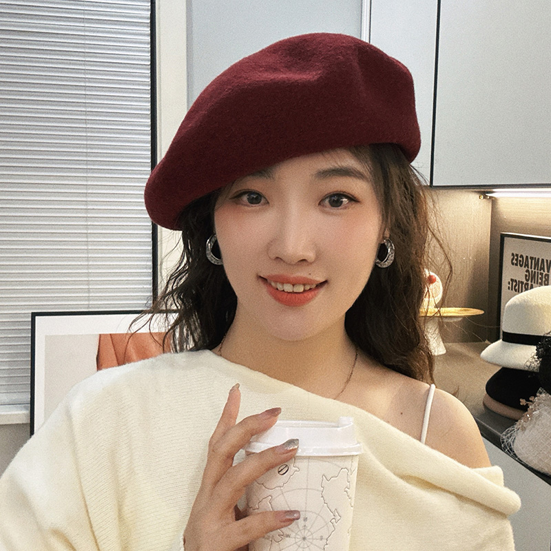 【封川含雾】澳毛贝雷帽女秋冬季韩版羊毛呢英伦复古大头围画家帽