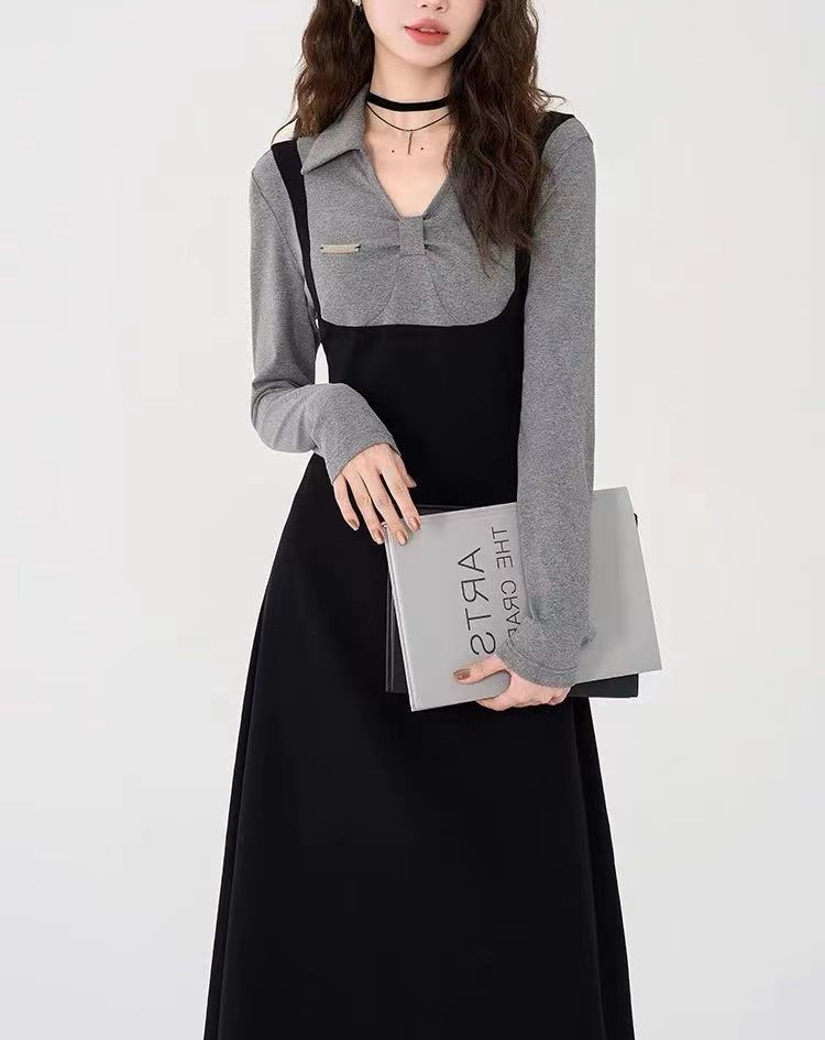 法式胖mm大码连衣裙茶歇裙假两件学院风秋冬新款减龄显瘦长裙