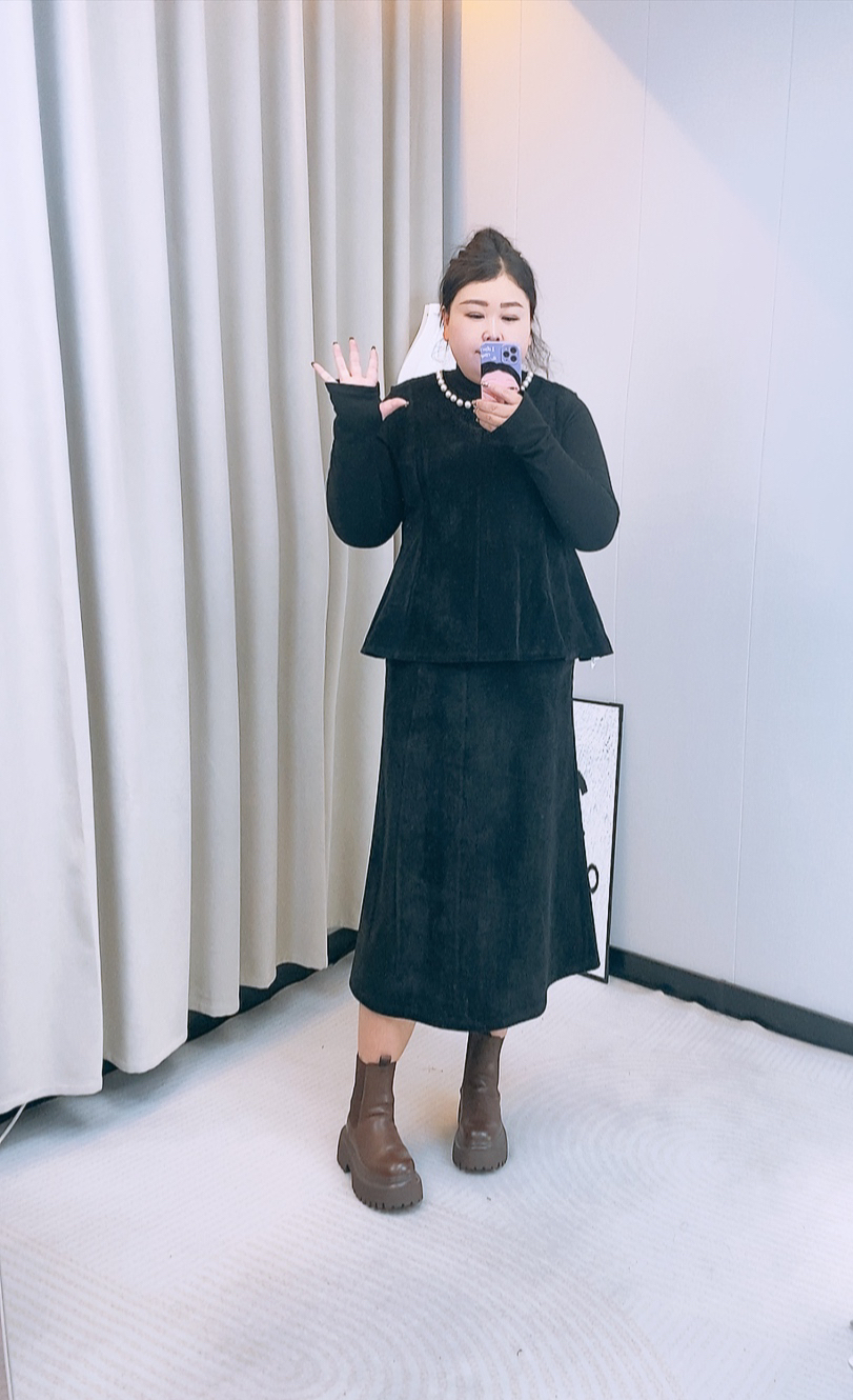 大码女胖MM名媛千金风大珍珠圆领三件套鱼尾裙冬连衣裙气质显瘦