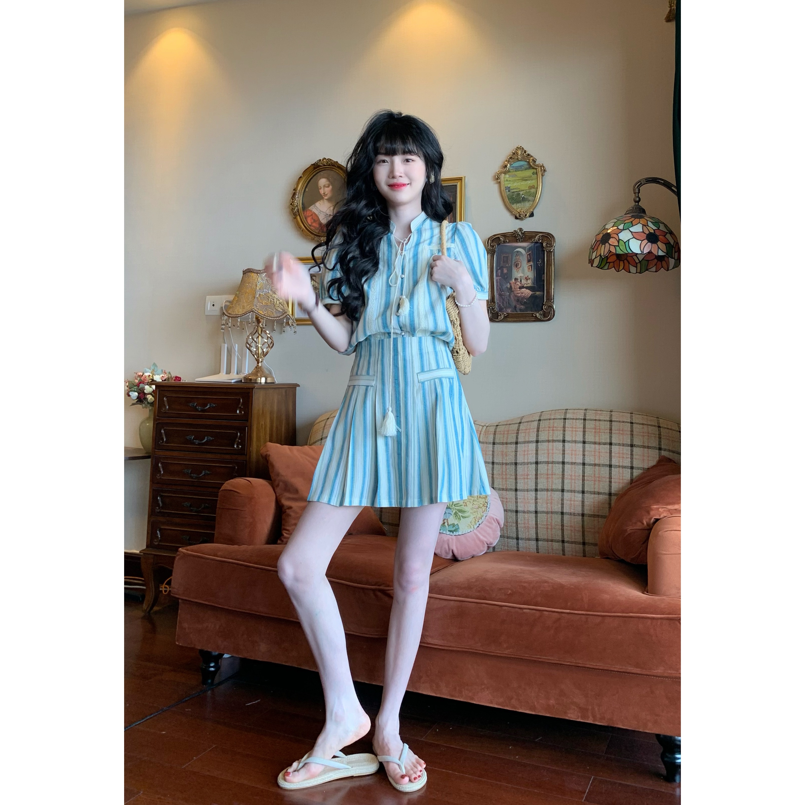 欣子野【环岛假日】夏气质显瘦条纹中式小众设计短裙套装 xz3290W