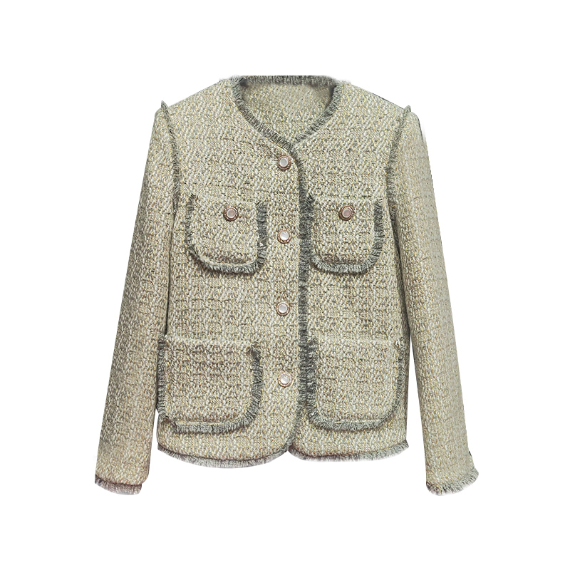 重工灰色小香风纱线金丝线混纺编织高质高密90白鸭绒外套A60509