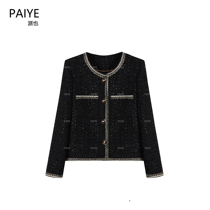 【月落星辰】秋新款重工小香风外套定制黑色纱线混纺编织上衣A60712