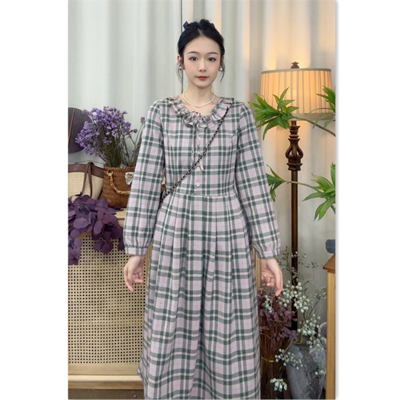 大乔【格林】加绒格子连衣裙冬季长裙清新花边