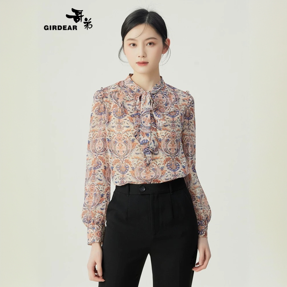 GIRDEAR/哥弟新款气质时尚浪漫荷叶边印花飘带长袖衬衫女 1300982