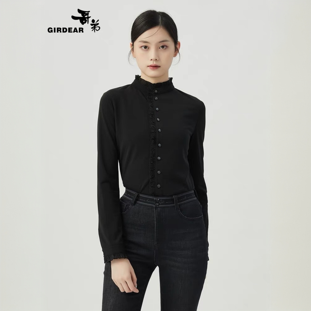 GIRDEAR/哥弟新款秋装法式木耳边复古显瘦长袖立领衬衫1300936