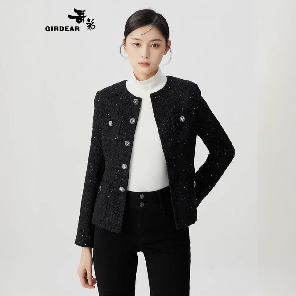 哥弟新款优雅气质百搭圆领修身单排扣质感花呢小香风外套1400722