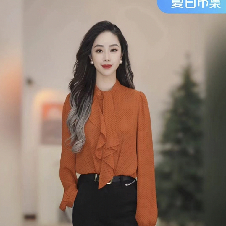 GIRDEAR/哥弟通勤时尚百搭立领气质显瘦长袖单排扣衬衫女 1300744