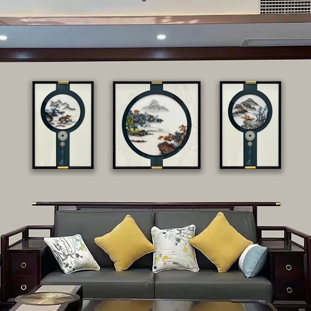 【山居图】新中式高端品质客厅沙发背景墙刺绣工艺苏绣客厅三联画