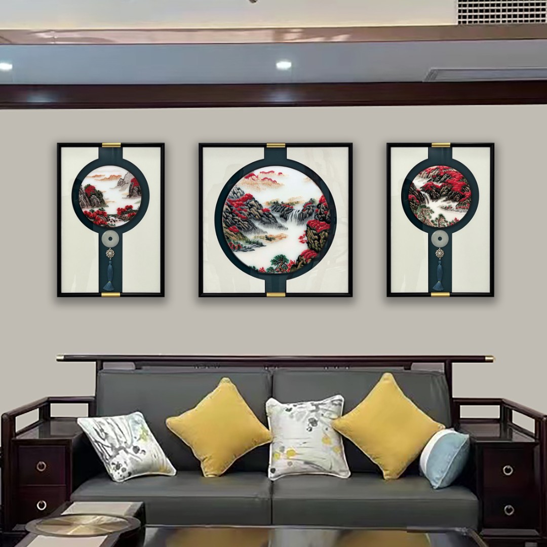 【鸿运当头】设计高端品质沙发背景墙刺绣工艺三联画苏绣装饰画