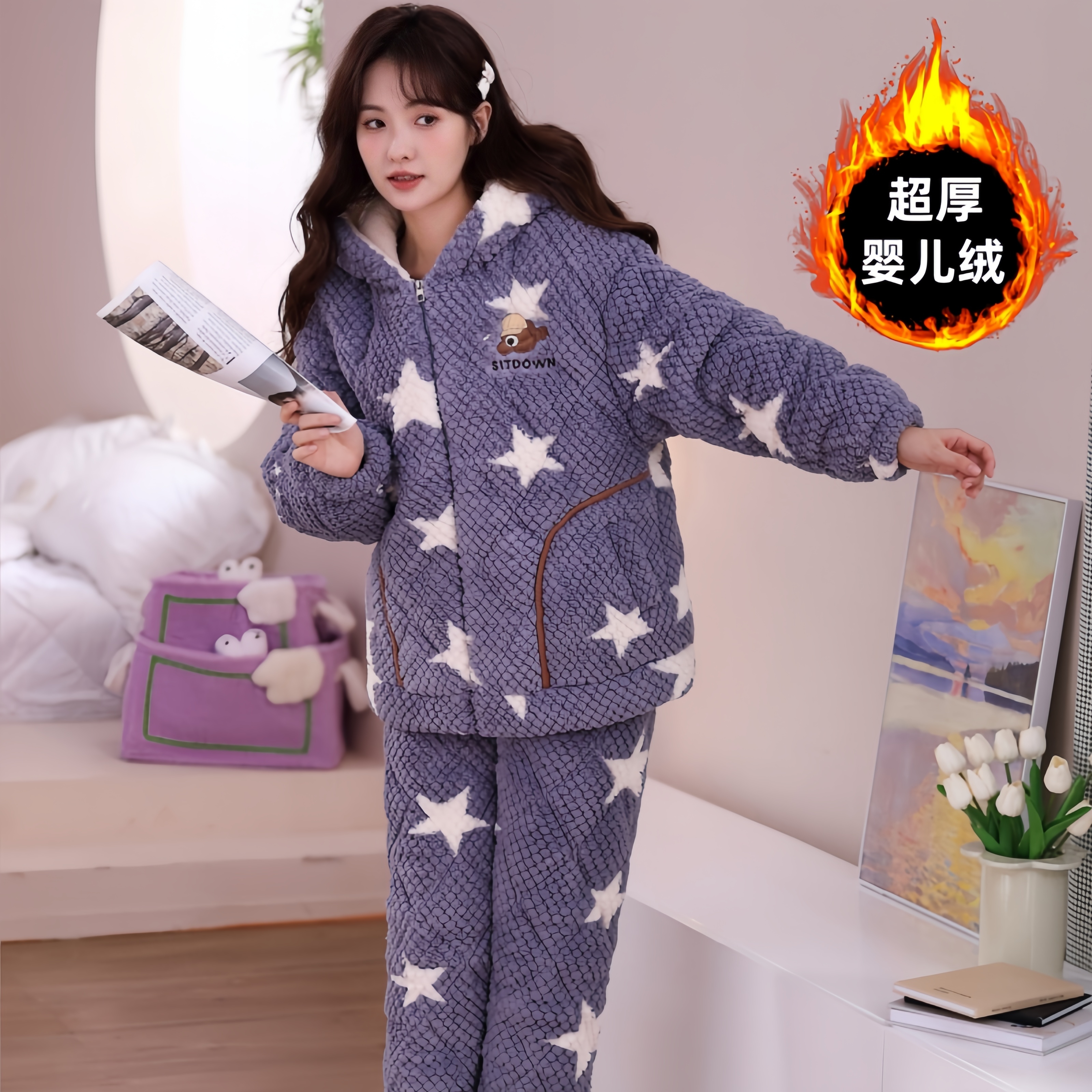 新款加绒加厚三层夹棉保暖冬季家居服睡衣套装