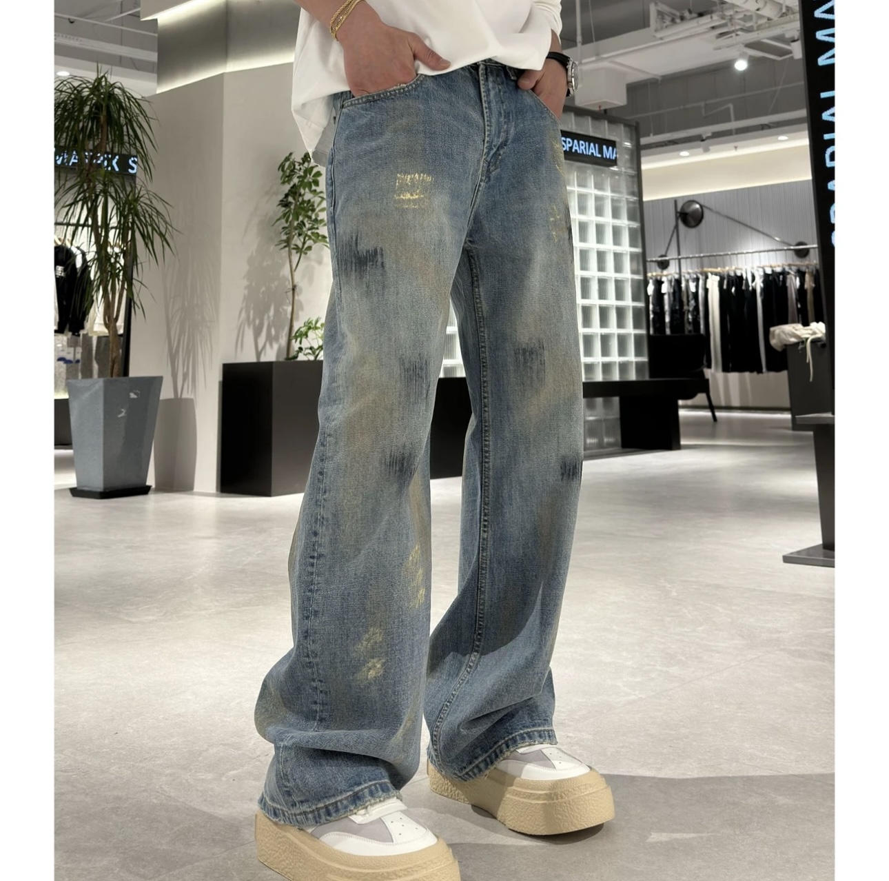 GXXSTUDIO冬季新款高街潮流时尚直裤筒阔腿刷漆美式休闲牛仔裤男