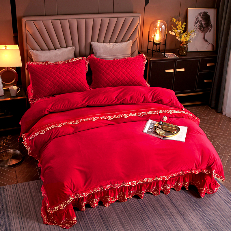 婚庆高端新款宝宝绒床盖四件套重工艺结婚亲肤床盖牛奶绒大红色